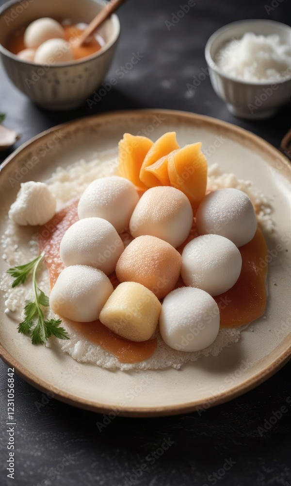 Plate of freshly made white and peach colored mochi with a side of steamed rice, aromatic, side dish, meal Plate of freshly made white and peach colored mochi with a side of steamed rice, aromatic, side dish, meal