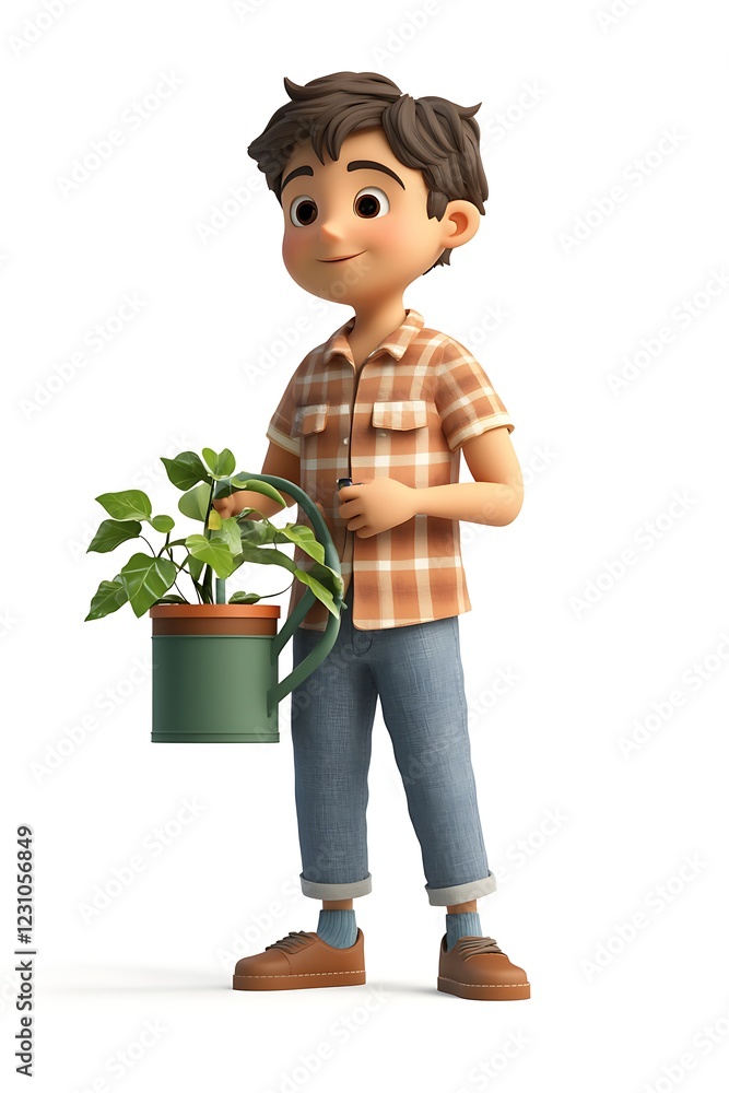 3D cartoon man watering plants with a can 3D cartoon man watering plants with a can