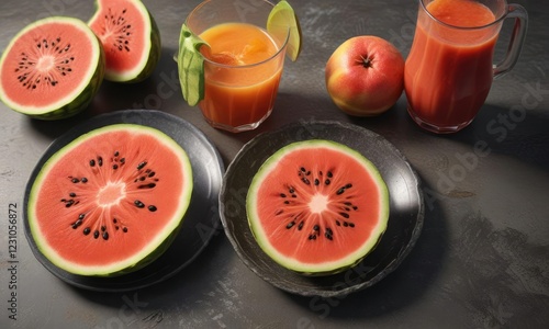 Plato decorado con trozos de sandia y jugo de naranja, appetizing presentation, decorative plate, yellow and orange hues photo