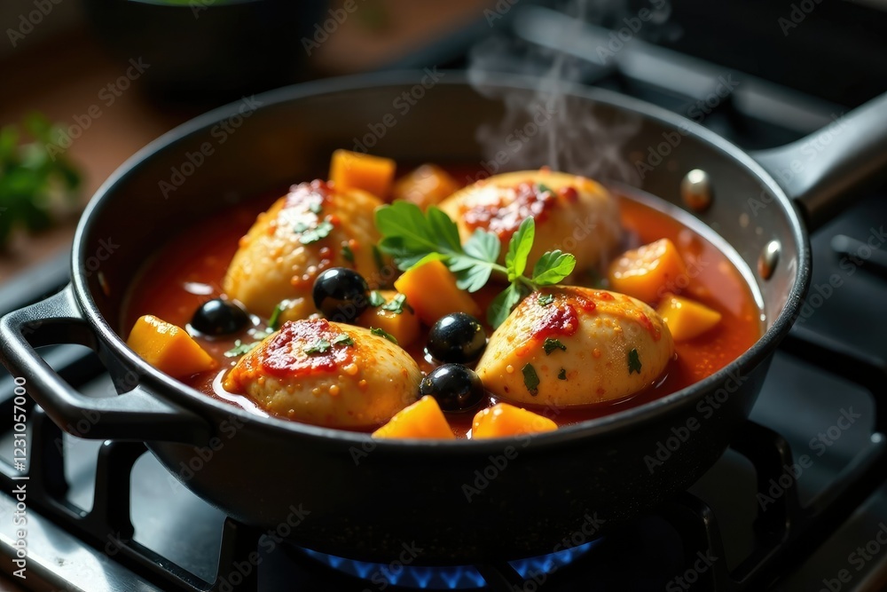 Pot on the stove with simmering black olive and pepper chicken stew, aroma, stew Pot on the stove with simmering black olive and pepper chicken stew, aroma, stew
