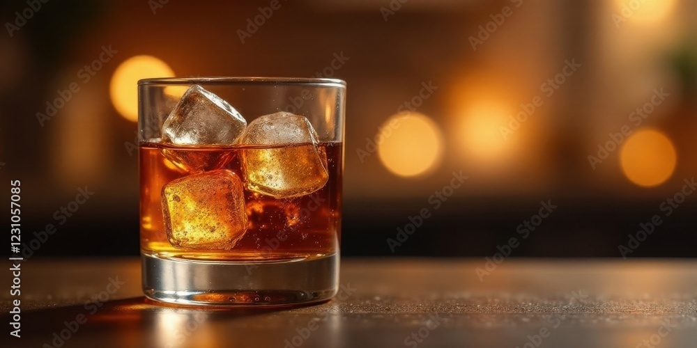 Amber liquid refreshment in a rocks glass with ice cubes on a dark surface with bokeh lights in background Amber liquid refreshment in a rocks glass with ice cubes on a dark surface with bokeh lights in background