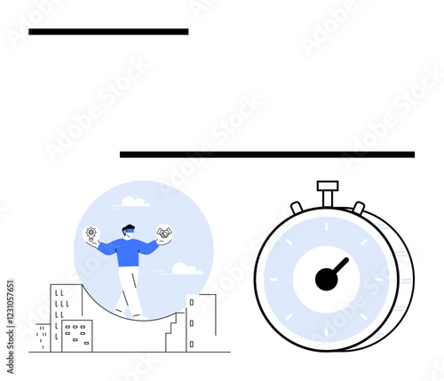 Person balancing gears and a clock on a tightrope above buildings, next to a stopwatch. Ideal for productivity, multitasking, deadlines, efficiency, work-life balance, organization, abstract line