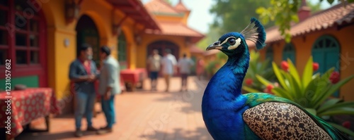 Vibrant peacock feather adorning traditional Indian clothing on a colorful outdoor setting, vibrant colors, peacock feather, natural surroundings