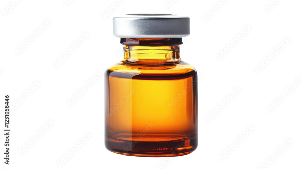Small closed medical glass vial filled with liquid on transparent background Small closed medical glass vial filled with liquid on transparent background