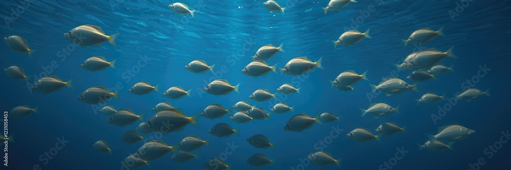 Obraz premium School of fish swimming beneath a dark blue ocean surface with visible ripples from waves or currents, ocean waves, tropical waters, coral reefs