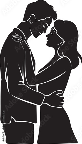 A vector style black silhouette illustration of a couple or boyfriend and girlfriend hugging, Valentine's Day vector design