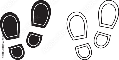 Foot print icon set. Human foot pet black vector flat and line collection isolated on transparent background. Shoe print step symbol sign of walking, track imprint, sole of shoe printmaking technique.