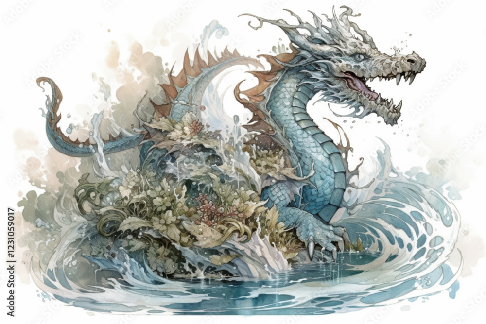 Obraz premium beautiful white dragon among the water element., watercolor style, Generative AI