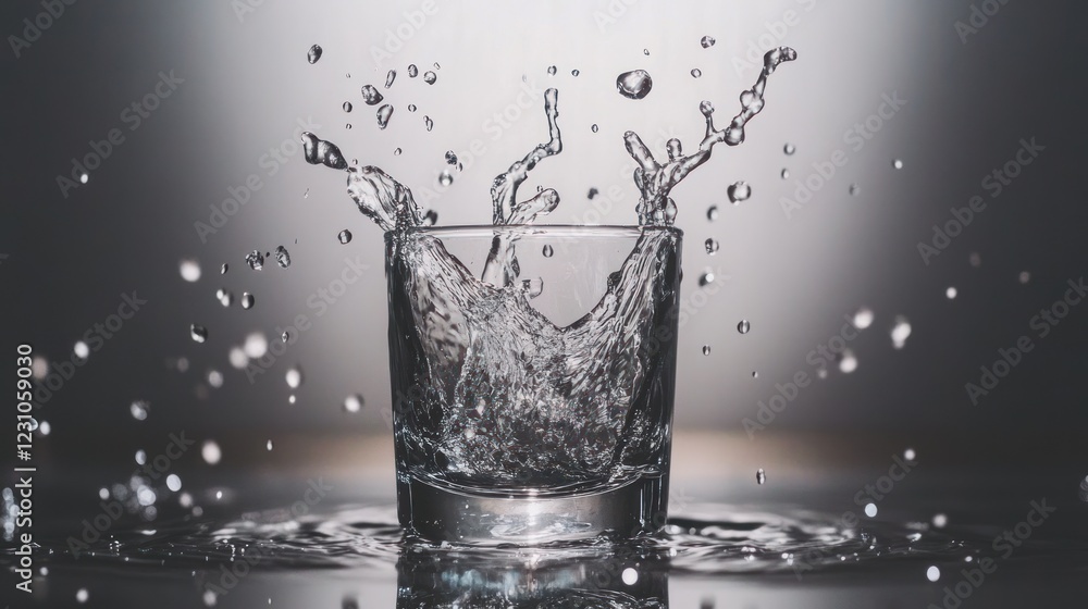 Water splashing in glass on reflective surface, gray backdrop Water splashing in glass on reflective surface, gray backdrop