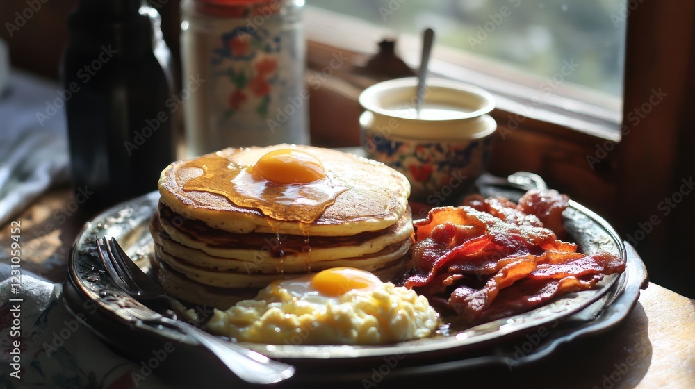 Sunny window breakfast pancakes, eggs, bacon on tray Sunny window breakfast pancakes, eggs, bacon on tray