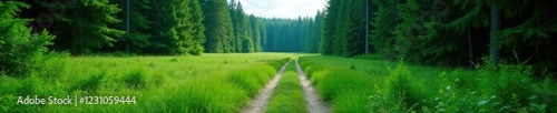 A winding path disappears into the depths of a vast and unbroken expanse of greenery in front of a towering pine wall, evergreen, wilderness, nature