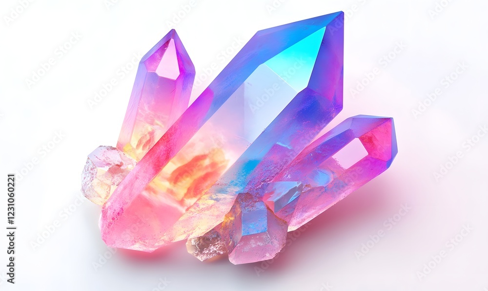 Iridescent quartz cluster on white, studio shot Iridescent quartz cluster on white, studio shot