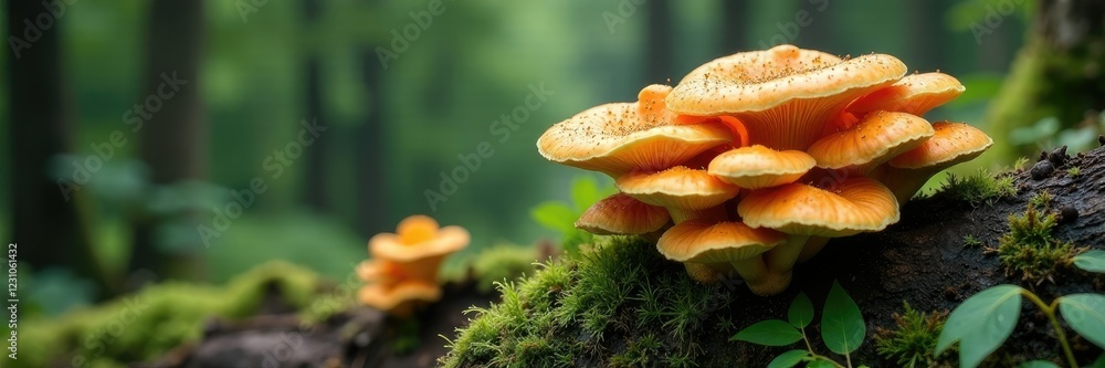 Matsutake mushrooms forming a ring around a fallen tree trunk on a mountain slope, forest floor, fungi Matsutake mushrooms forming a ring around a fallen tree trunk on a mountain slope, forest floor, fungi