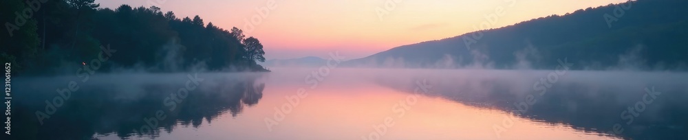 Fototapeta premium Misty dawn light dances across a tranquil lake, water, empty, natural