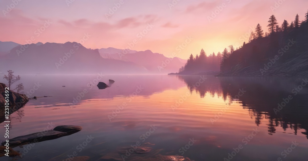 Fototapeta premium soft pink and orange hues on the lake's surface as day ends, pink hues, sunset, warmth