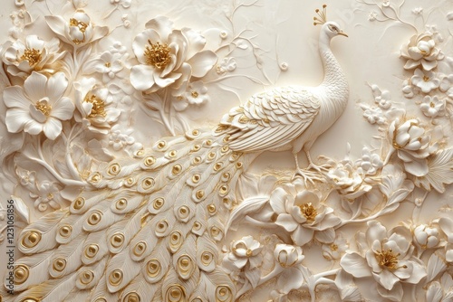 White peacock relief sculpture on wall with floral background, for interior decor photo