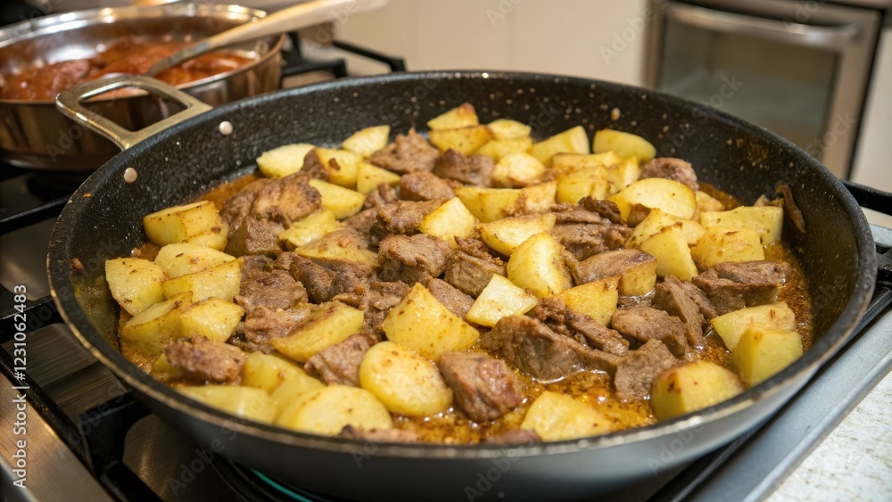 Pan-seared meat and potato casserole in a large frying pan, utensils, kitchenware, aroma, potatoes, sizzling Pan-seared meat and potato casserole in a large frying pan, utensils, kitchenware, aroma, potatoes, sizzling