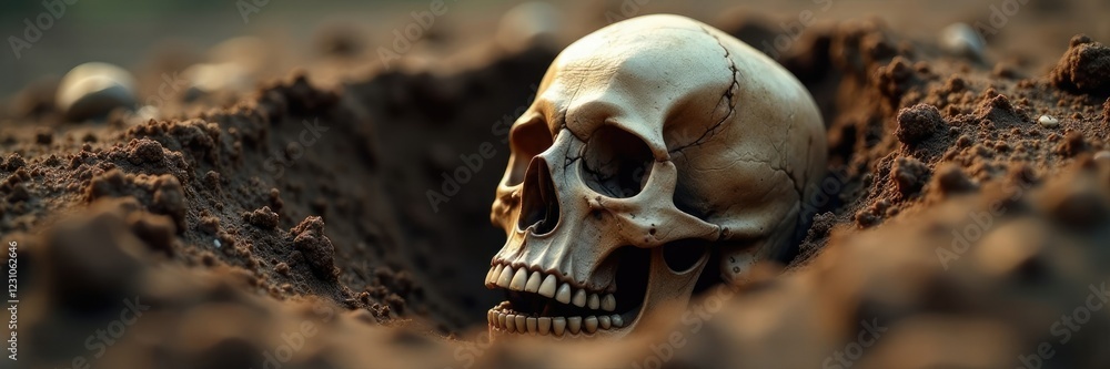 Obraz premium Skull emerges from open grave with soil falling, earth, soil