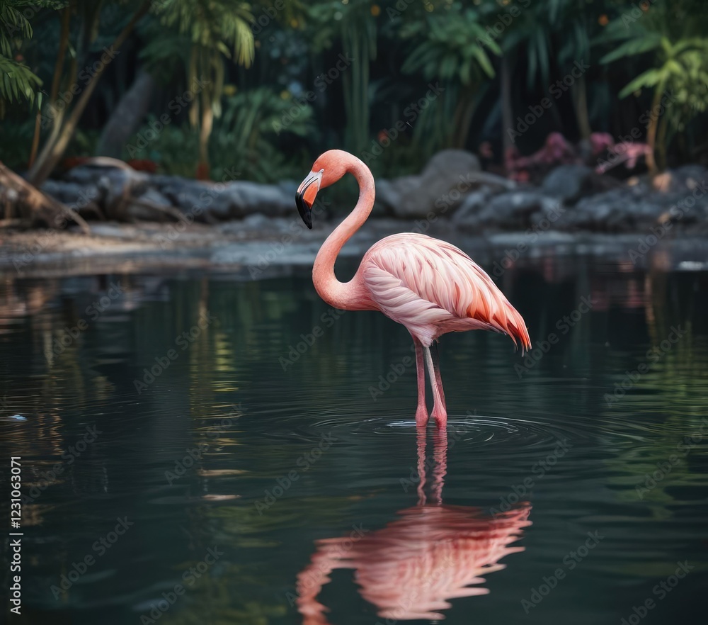 Fototapeta premium Pink flamingo standing gracefully with its reflection in calm water, colorful, tranquil, nature