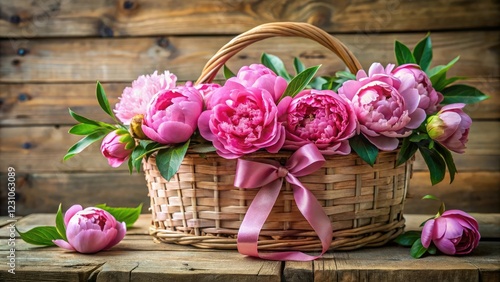 Fototapeta Naklejka Na Ścianę i Meble -  Pink peonies arranged in a vintage wooden basket with greenery and ribbons, flowers, arrangement, greenery, pink