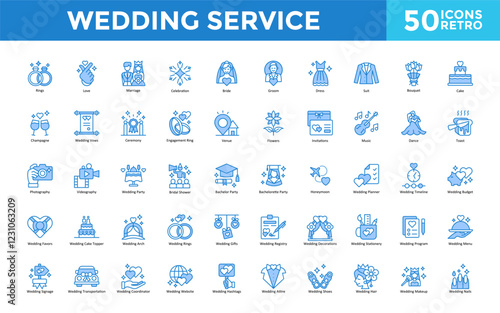 Wedding Service icon set with rings, love, marriage, celebration, bride, groom, dress, suit, bouquet, cake icon. Simple retro vector 
