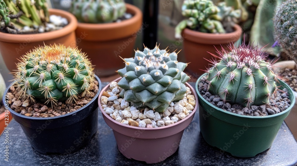 Three potted cacti with different colors and textures. Three potted cacti with different colors and textures.