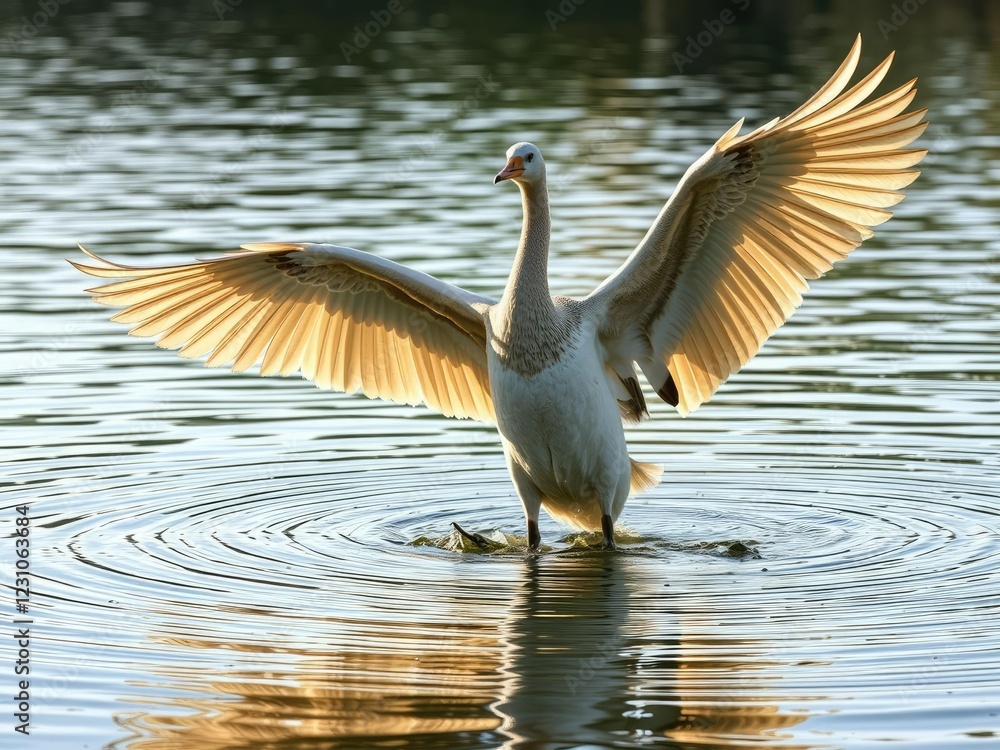 r a serene lake with its wings outstretched and its feathers glistening in the sunlight., surface tension, aerial photography r a serene lake with its wings outstretched and its feathers glistening in the sunlight., surface tension, aerial photography