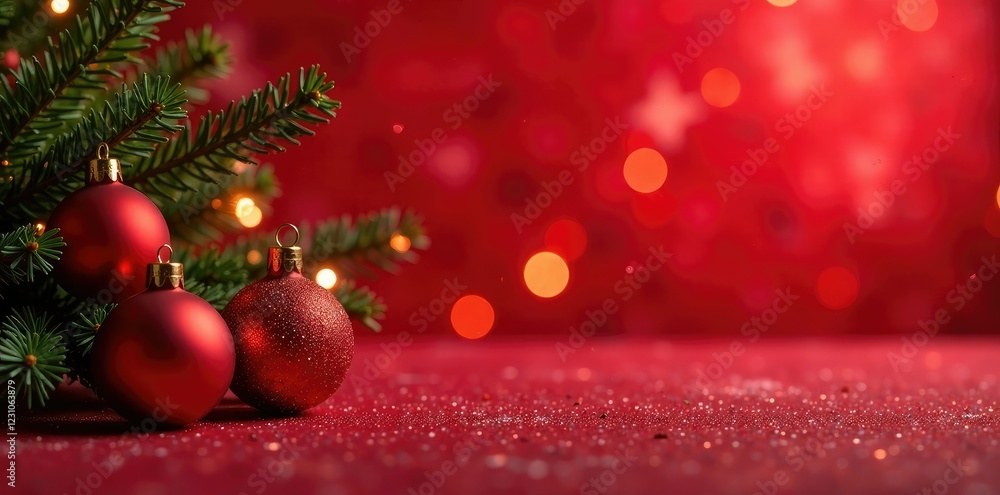 Obraz premium Red canvas with sparkly bokeh lights and Christmas ornaments, Red canvas, sparkle lights