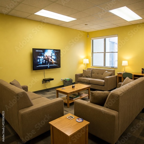 A dormitory common room with couches, a large TV, and a study corner.
