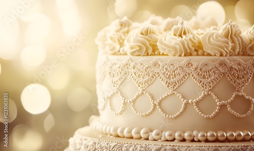 Elegant wedding cake, pearls, bokeh, studio, celebration