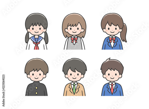 いろいろな制服を着ている学生6人のアイコンセット