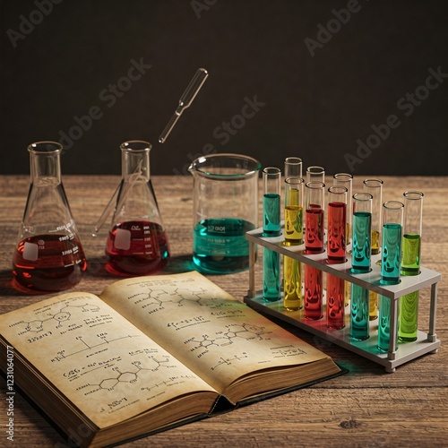 A chemistry book opened next to a set of colorful test tubes.
