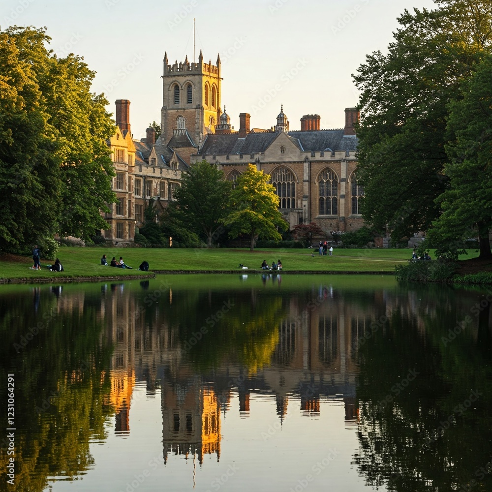 Fototapeta premium A peaceful lake near a university with a reflection of historic buildings. 