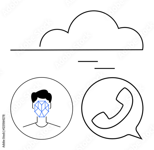 Cloud icon, face outline with facial recognition pattern, and phone symbol highlight digital security, connectivity, and communication. Ideal for AI, cloud computing, telecommunication, security