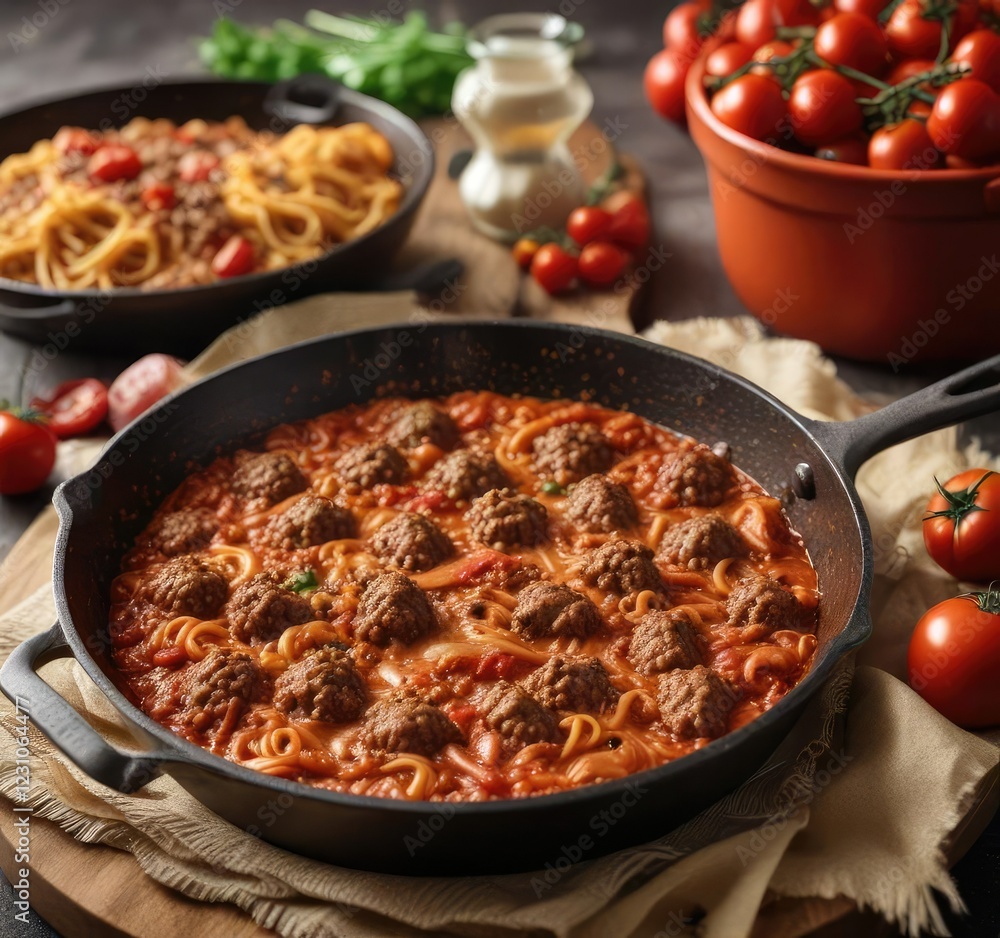 Rich and flavorful bolognese sauce with ground beef and tomatoes in a deep skillet, meat stew, comforting meal, rich flavors Rich and flavorful bolognese sauce with ground beef and tomatoes in a deep skillet, meat stew, comforting meal, rich flavors
