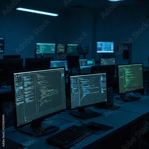 A dimly lit computer science lab with glowing code on multiple monitors.
