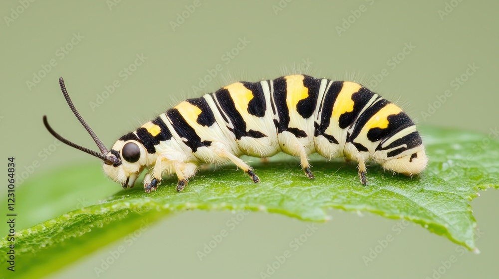 Fototapeta premium Black And Yellow Striped Caterpillar On Green Leaf