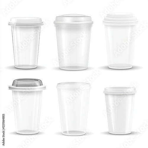 Six transparent plastic cups with various lids, isolated on white background.
