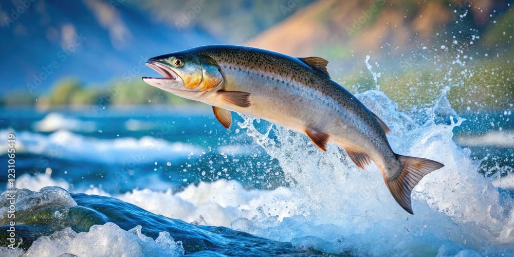 Naklejka premium Salmon jumping out of the water in a river with a clear blue background, jump, fish, jumping, water, splash