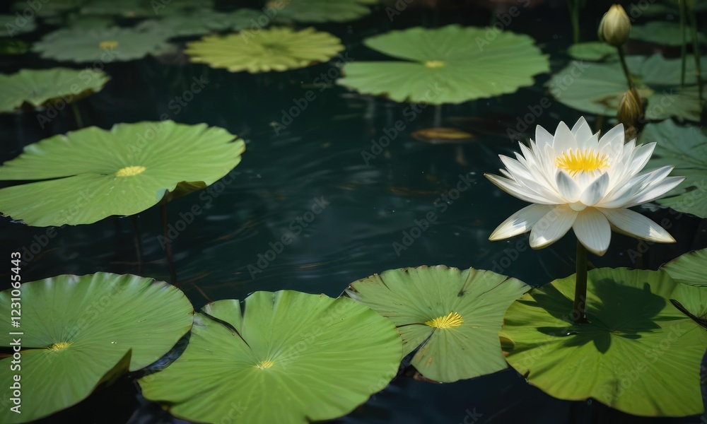 Scenic view of white lotus flower with yellow stamen in pond surrounded by dark green water lily leaves, bright, exotic, outdoor, reflection Scenic view of white lotus flower with yellow stamen in pond surrounded by dark green water lily leaves, bright, exotic, outdoor, reflection
