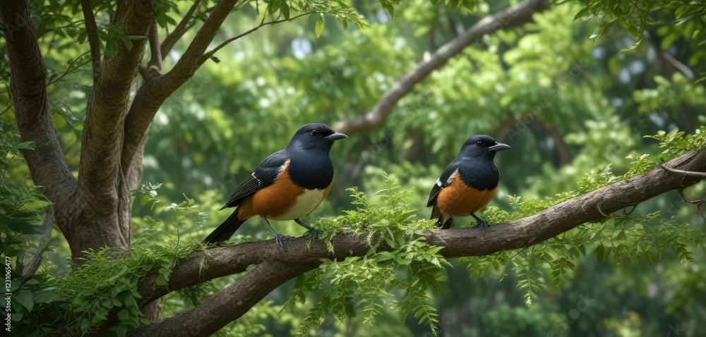 Scenic view of white-rumped shama guarding nest in lush green tree, wild, alert Scenic view of white-rumped shama guarding nest in lush green tree, wild, alert
