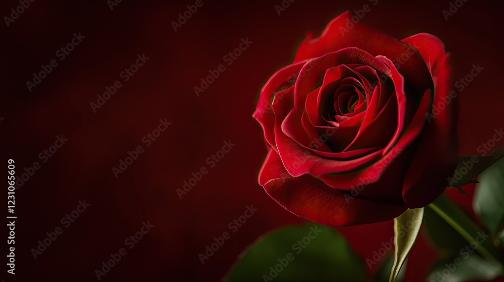 Romantic deep crimson red rose close-up with glistening water droplets on petals, serene and passionate atmosphere for love or romance themes. Romantic deep crimson red rose close-up with glistening water droplets on petals, serene and passionate atmosphere for love or romance themes.