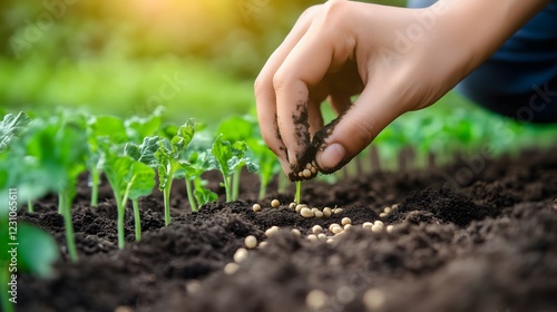 Farmer Planting Organic Seeds in a Vibrant Field During the Spring Season. Generative AI