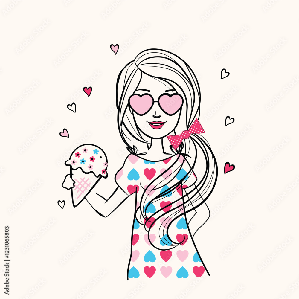 Beautiful girl enjoying ice cream with heart-shaped background. Vector illustration. Beautiful girl enjoying ice cream with heart-shaped background. Vector illustration.