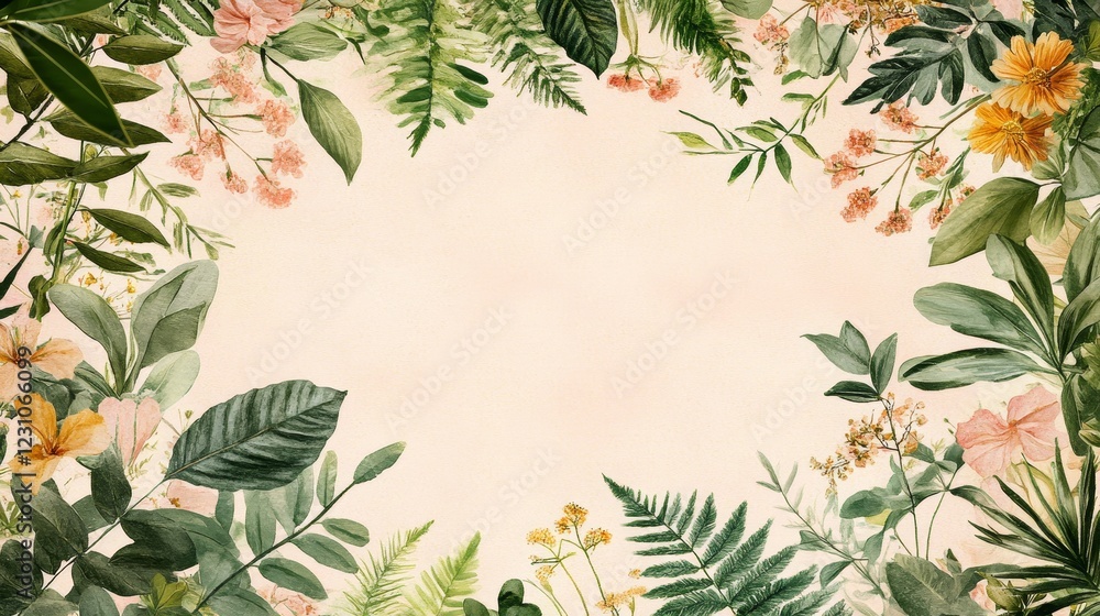Delicate floral and foliage frame with a pale peach background Delicate floral and foliage frame with a pale peach background