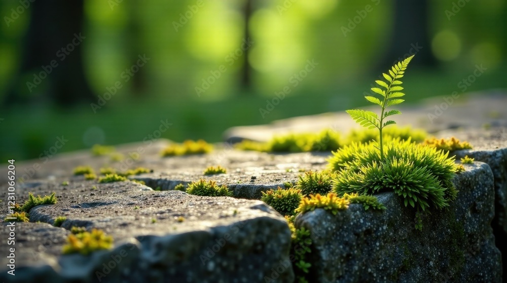 A delicate fern sprout emerges from a bed of vibrant moss, nestled amongst the weathered stones of a tranquil garden wall. A delicate fern sprout emerges from a bed of vibrant moss, nestled amongst the weathered stones of a tranquil garden wall.