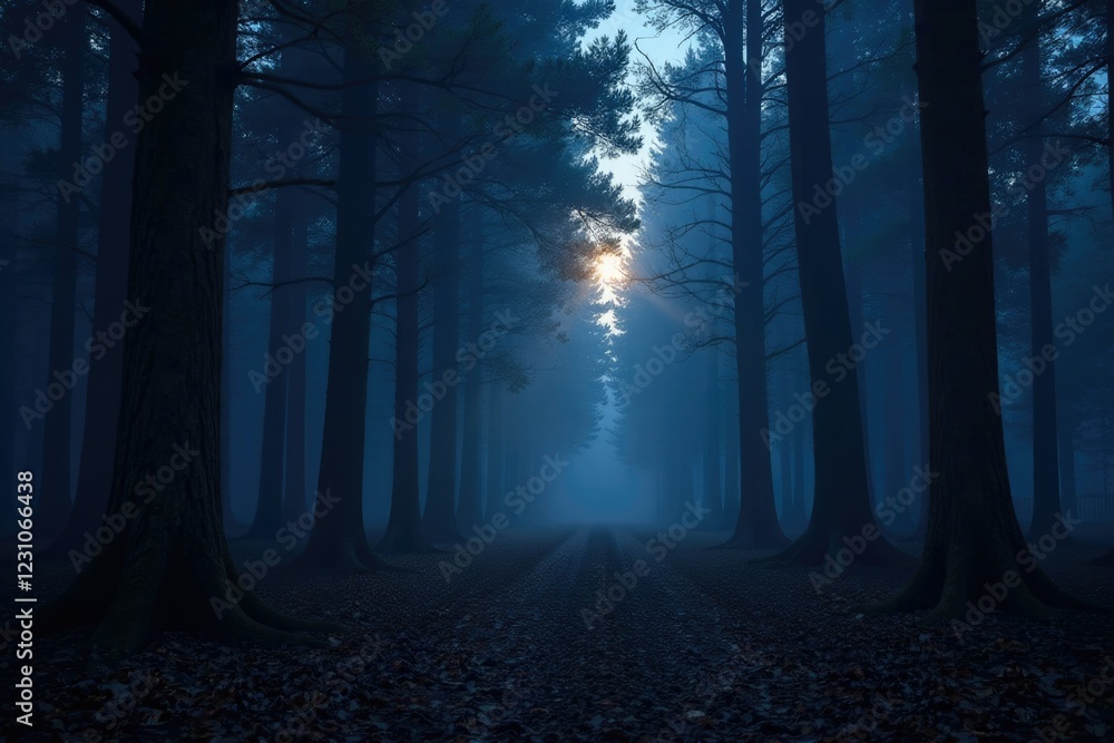 Fototapeta premium Dark forest at dusk with misty trees and twinkling lights, atmosphere, mystery, forest