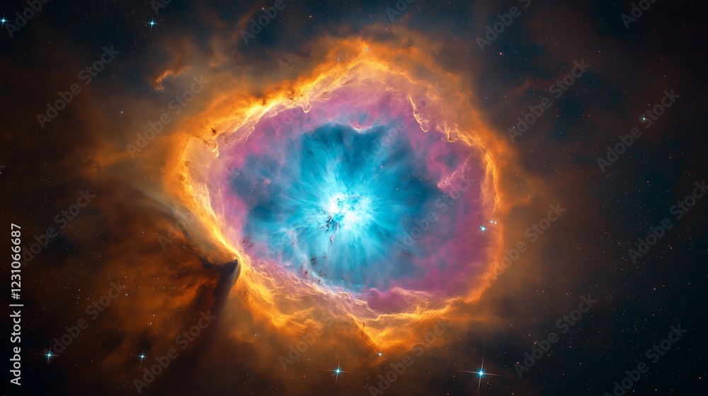 Fototapeta premium A close-up view of a nebula, showcasing bright, swirling colors like pink, orange, and teal in the universe.