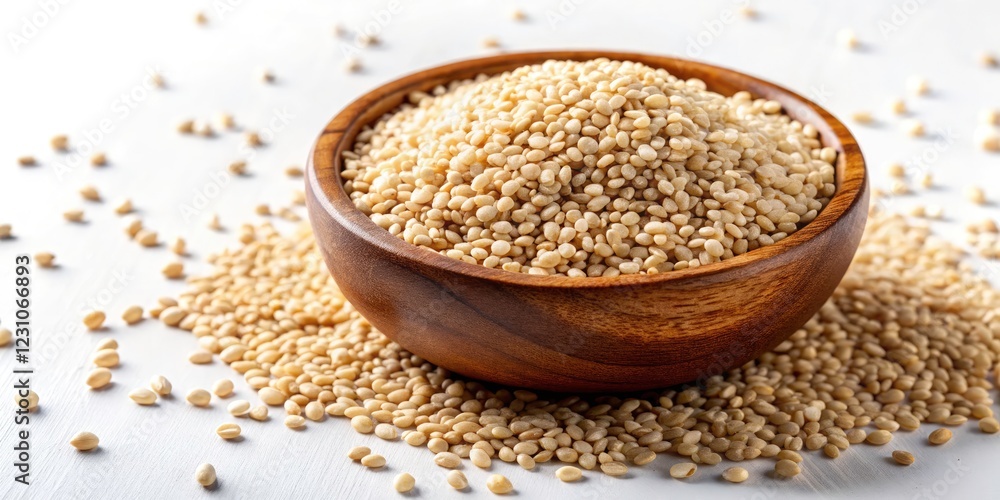 Top View of Bio Natural Sesame Seeds in Wooden Bowl on White Background - Healthy Food Photography for Organic Ingredients and Culinary Use Top View of Bio Natural Sesame Seeds in Wooden Bowl on White Background - Healthy Food Photography for Organic Ingredients and Culinary Use