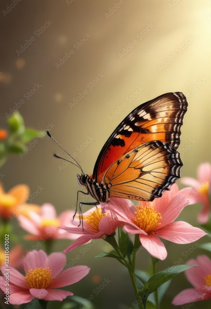 Fototapeta premium Single butterfly perched on a flower petal with blurred background and warm light , soothing tones, soft focus